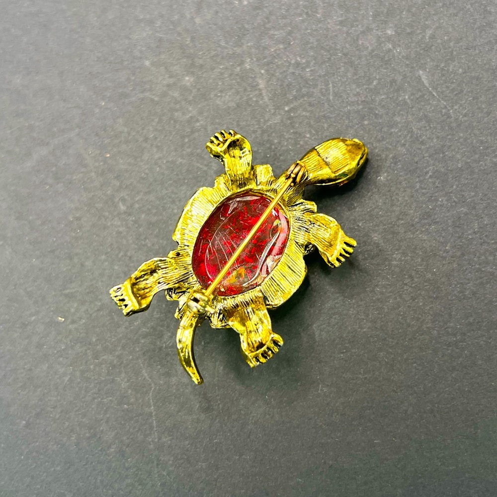 Vintage Turtle Gold Pink Red Turtle Brooch Pin - Picture 4 of 7